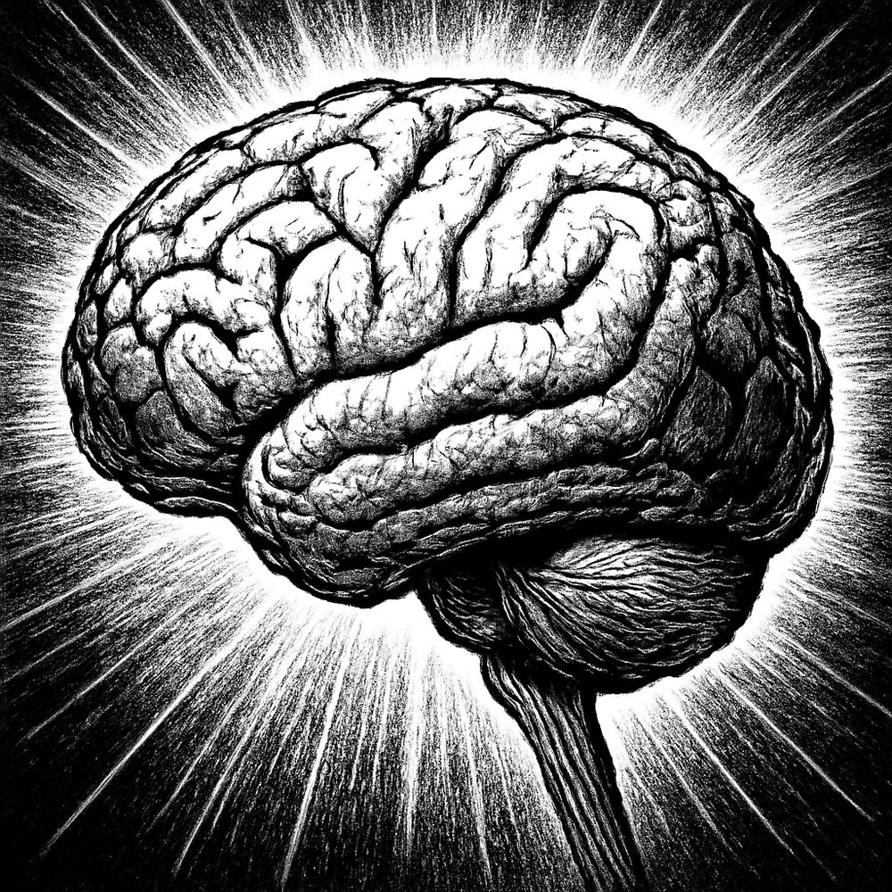 anatomically correct human brain in profile, inked like a gigachad comic hero panel, cortex folds lit by one hard raking light source, cerebellum and brainstem tapering down, radiating speedlines behind it